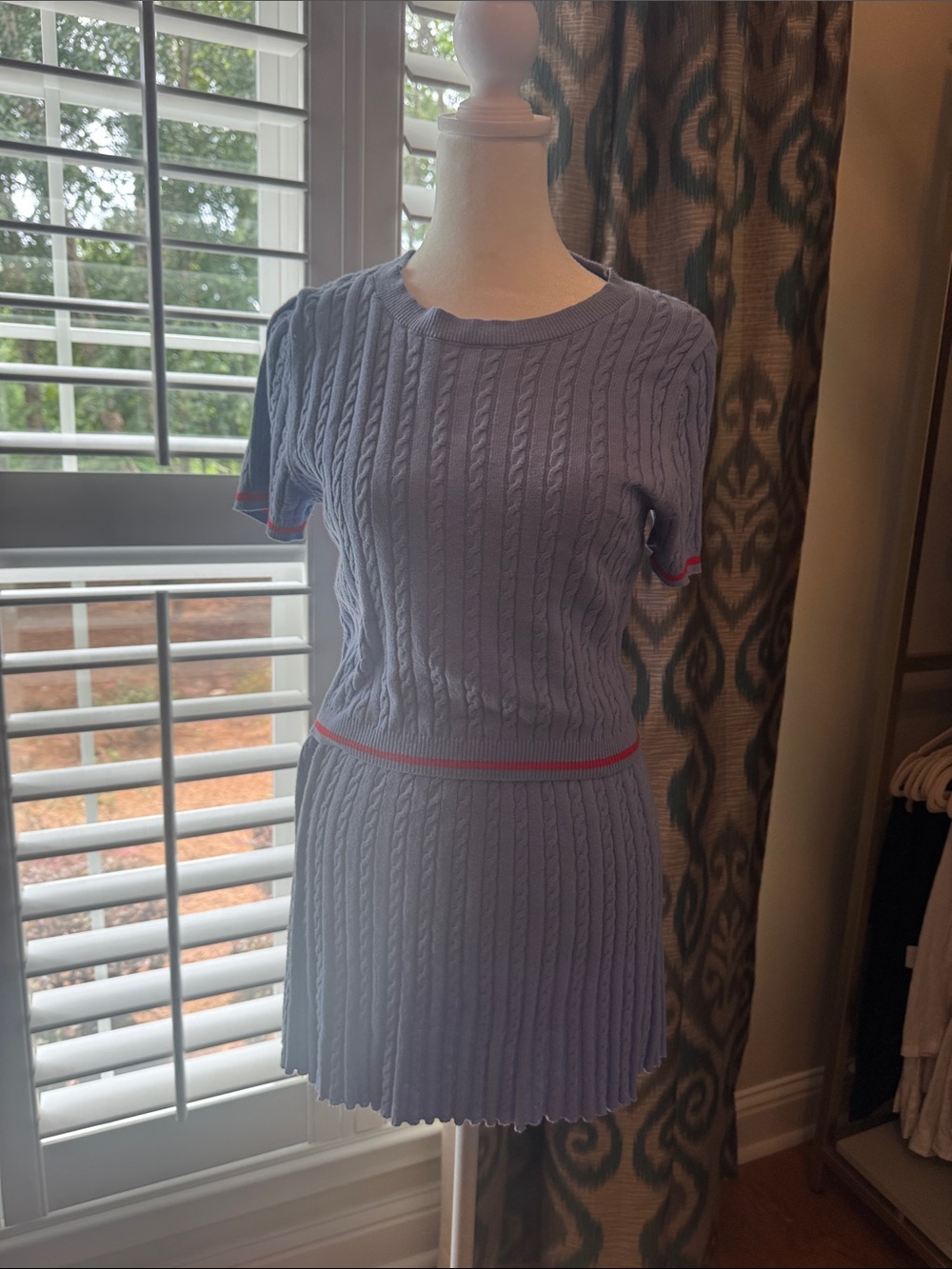 H&M Lavender Cable-Knit Skirt Set with red trim
